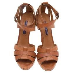 Pre Owned Ralph Lauren Collection Brown Leather Ankle Strap Sandals Size 40.5