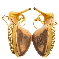 Pre Owned Ralph Lauren Gold Leather Peep-Toe Ankle-Strap Sandals Size 41