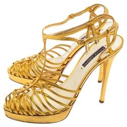 Pre Owned Ralph Lauren Gold Leather Peep-Toe Ankle-Strap Sandals Size 41