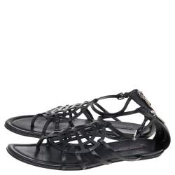 Pre Owned Ralph Lauren Collection Black Leather Cut Out Strappy Flat Sandals Size 39