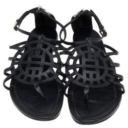 Pre Owned Ralph Lauren Collection Black Leather Cut Out Strappy Flat Sandals Size 39