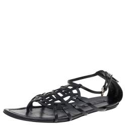 Pre Owned Ralph Lauren Collection Black Leather Cut Out Strappy Flat Sandals Size 39
