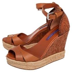 Pre Owned Ralph Lauren Brown Floral Leather Espadrille Wedge Platform Ankle Strap Sandals Size 37.5