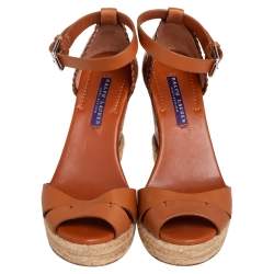 Pre Owned Ralph Lauren Brown Floral Leather Espadrille Wedge Platform Ankle Strap Sandals Size 37.5