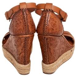 Pre Owned Ralph Lauren Brown Floral Leather Espadrille Wedge Platform Ankle Strap Sandals Size 37.5
