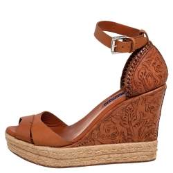 Pre Owned Ralph Lauren Brown Floral Leather Espadrille Wedge Platform Ankle Strap Sandals Size 37.5