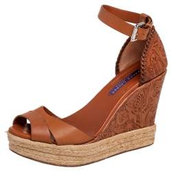 Pre Owned Ralph Lauren Brown Floral Leather Espadrille Wedge Platform Ankle Strap Sandals Size 37.5