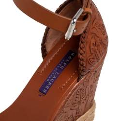 Pre Owned Ralph Lauren Brown Floral Leather Espadrille Wedge Platform Ankle Strap Sandals Size 37.5