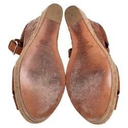 Pre Owned Ralph Lauren Brown Floral Leather Espadrille Wedge Platform Ankle Strap Sandals Size 37.5