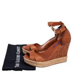 Pre Owned Ralph Lauren Brown Floral Leather Espadrille Wedge Platform Ankle Strap Sandals Size 37.5
