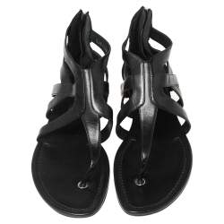 Pre Owned Ralph Lauren Black Leather T-Strap Flat Sandals Size 40
