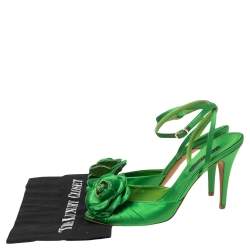 Pre Owned Ralph Lauren Collection Green Satin Rose Peep-Toe Ankle-Strap Sandals Size 39.5