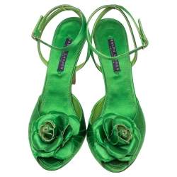 Pre Owned Ralph Lauren Collection Green Satin Rose Peep-Toe Ankle-Strap Sandals Size 39.5