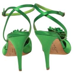 Pre Owned Ralph Lauren Collection Green Satin Rose Peep-Toe Ankle-Strap Sandals Size 39.5