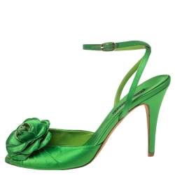 Pre Owned Ralph Lauren Collection Green Satin Rose Peep-Toe Ankle-Strap Sandals Size 39.5