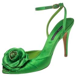 Pre Owned Ralph Lauren Collection Green Satin Rose Peep-Toe Ankle-Strap Sandals Size 39.5