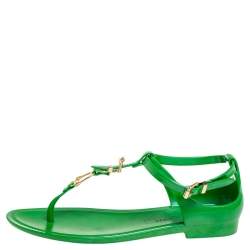Pre Owned Ralph Lauren Collection Green Jelly Thong Ankle Strap Flat Sandals Size 40