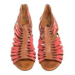 Ralph Lauren Collection Tan/Red Leather and Suede Flat Gladiator Sandals Size 40