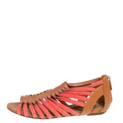 Ralph Lauren Collection Tan/Red Leather and Suede Flat Gladiator Sandals Size 40