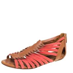 Ralph Lauren Collection Tan/Red Leather and Suede Flat Gladiator Sandals Size 40