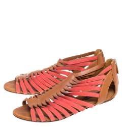 Ralph Lauren Collection Tan/Red Leather and Suede Flat Gladiator Sandals Size 40