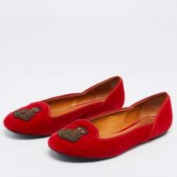Pre Owned Ralph Lauren Collection Red Velvet Embroidered Ballet Flats Size 40