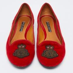 Pre Owned Ralph Lauren Collection Red Velvet Embroidered Ballet Flats Size 40