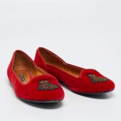 Pre Owned Ralph Lauren Collection Red Velvet Embroidered Ballet Flats Size 40
