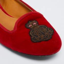 Pre Owned Ralph Lauren Collection Red Velvet Embroidered Ballet Flats Size 40