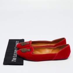 Pre Owned Ralph Lauren Collection Red Velvet Embroidered Ballet Flats Size 40