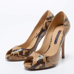 Pre Owned Ralph Lauren Beige/Brown Python Peep Toe Pumps Size 36.5