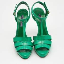 Ralph Lauren Collection Green Patent Leather T Strap Peep Toe Sandals Size 38