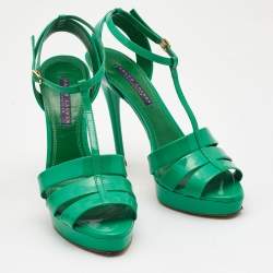 Ralph Lauren Collection Green Patent Leather T Strap Peep Toe Sandals Size 38
