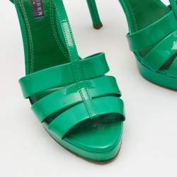 Ralph Lauren Collection Green Patent Leather T Strap Peep Toe Sandals Size 38