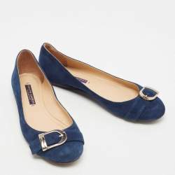Pre Owned Ralph Lauren Collection Navy Blue Suede D Buckle Ballet Flats Size 36