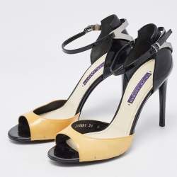 Ralph Lauren Collection Black/yellow Patent Leather Peep Toe Sandals Size 38