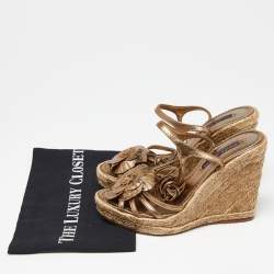 Pre Owned Ralph Lauren Collection Metallic Leather Flower Applique Espadrille Wedge Ankle Tie Sandals Size 37