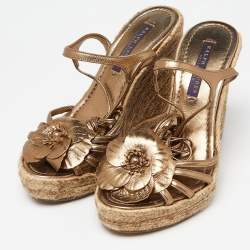 Pre Owned Ralph Lauren Collection Metallic Leather Flower Applique Espadrille Wedge Ankle Tie Sandals Size 37
