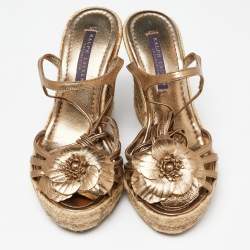 Pre Owned Ralph Lauren Collection Metallic Leather Flower Applique Espadrille Wedge Ankle Tie Sandals Size 37
