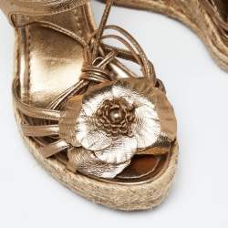 Pre Owned Ralph Lauren Collection Metallic Leather Flower Applique Espadrille Wedge Ankle Tie Sandals Size 37