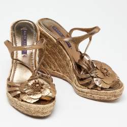 Pre Owned Ralph Lauren Collection Metallic Leather Flower Applique Espadrille Wedge Ankle Tie Sandals Size 37