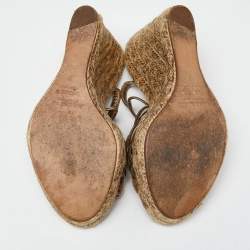 Pre Owned Ralph Lauren Collection Metallic Leather Flower Applique Espadrille Wedge Ankle Tie Sandals Size 37