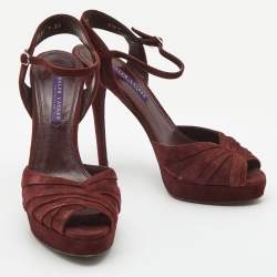 Ralph Lauren Burgundy Suede Peep Toe Platform Ankle Strap Sandals Size 40