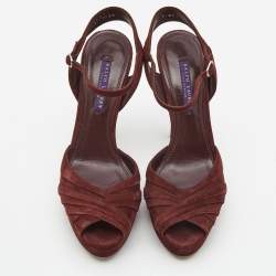 Ralph Lauren Burgundy Suede Peep Toe Platform Ankle Strap Sandals Size 40