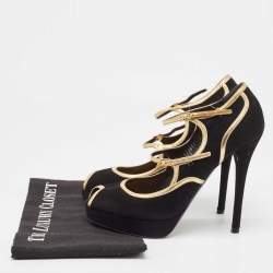 Ralph Lauren Collection Black Suede and Leather Peep Toe Pumps Size 38.5