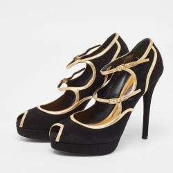 Ralph Lauren Collection Black Suede and Leather Peep Toe Pumps Size 38.5