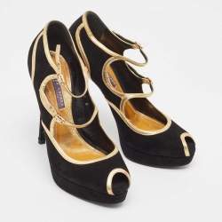 Ralph Lauren Collection Black Suede and Leather Peep Toe Pumps Size 38.5