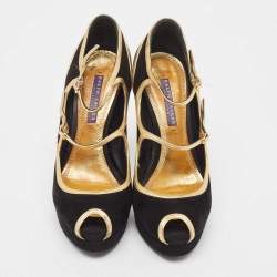 Ralph Lauren Collection Black Suede and Leather Peep Toe Pumps Size 38.5