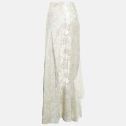 Pre Owned Ralph Lauren Cream Floral Lamé Jacquard Ruffled Maxi Skirt M