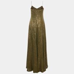 Ralph Lauren Evening Olive Green Sequin Mesh Maxi Dress XL